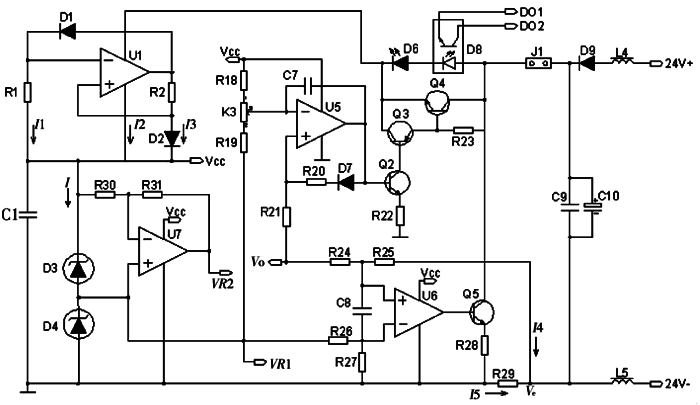 多路溫度遠(yuǎn)傳監(jiān)測儀電源、V/I轉(zhuǎn)換和報警電路